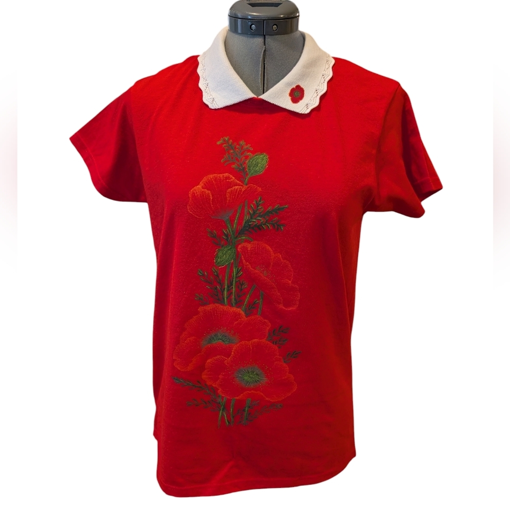 vintage flower‎ Poppy women's red short sleeve polo top Size Small